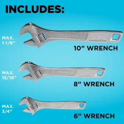 Adjustable Wrench Set, 6 in., 8 in., and 1 in., Wide + Tapered Jaws