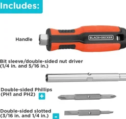 6-In-1 Multibit Screwdriver, Two-Sided Bits Including Phillips, Slotted, Nut Drivers