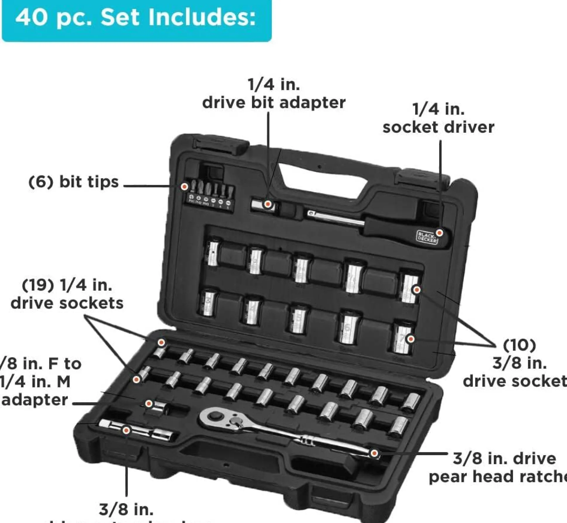 Socket Set, 40-Piece, Chrome, Carrying Case