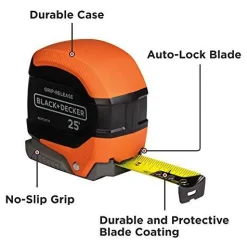 Tape Measure, Grip Release, Autolock & Self Lock, 25-Foot