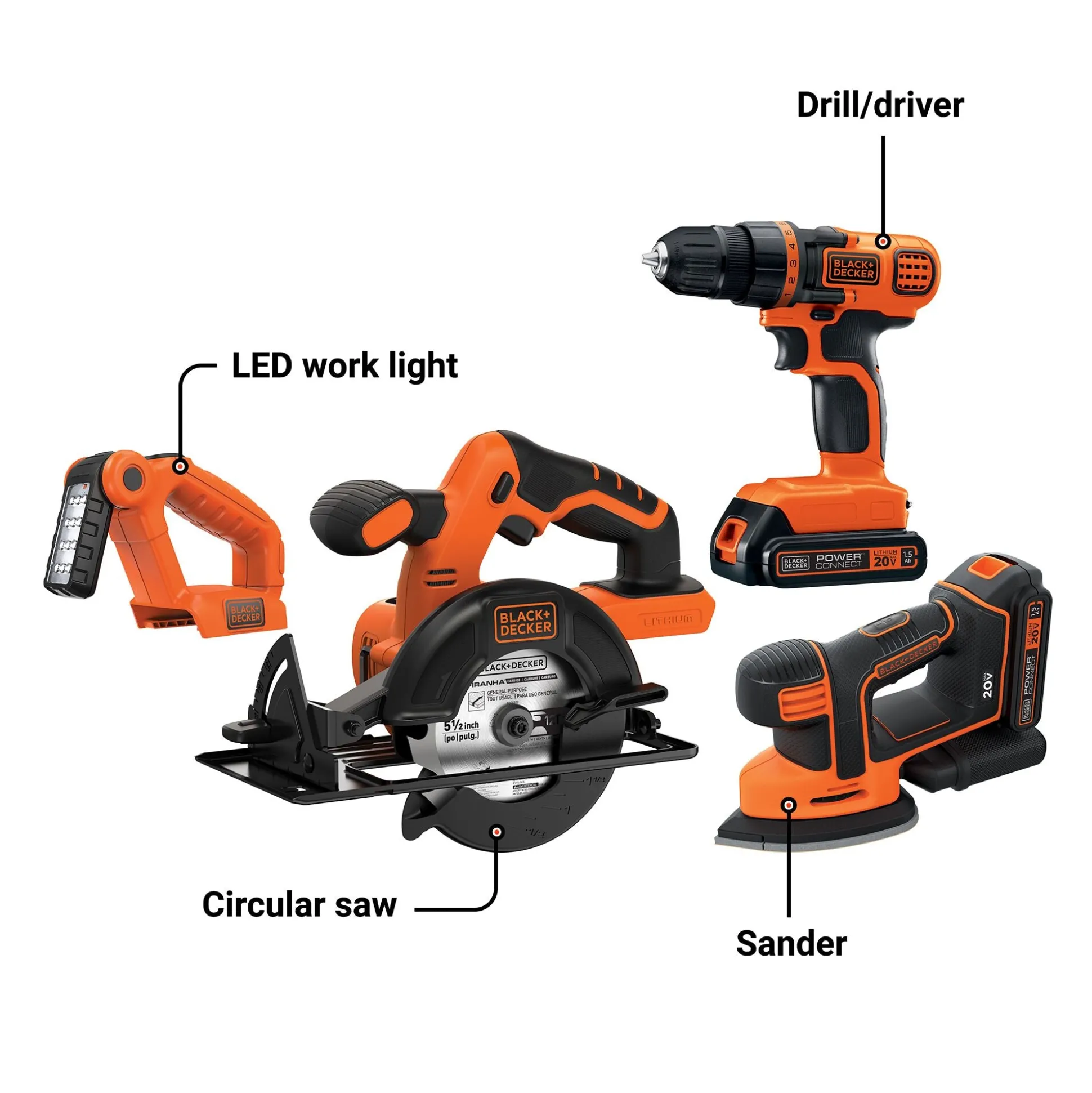 20V MAX* POWERCONNECT™ Cordless 4-Tool Combo Kit: Drill/Driver, Circular Saw, MOUSE™ Detail Sander and Light, Battery and Charger Included