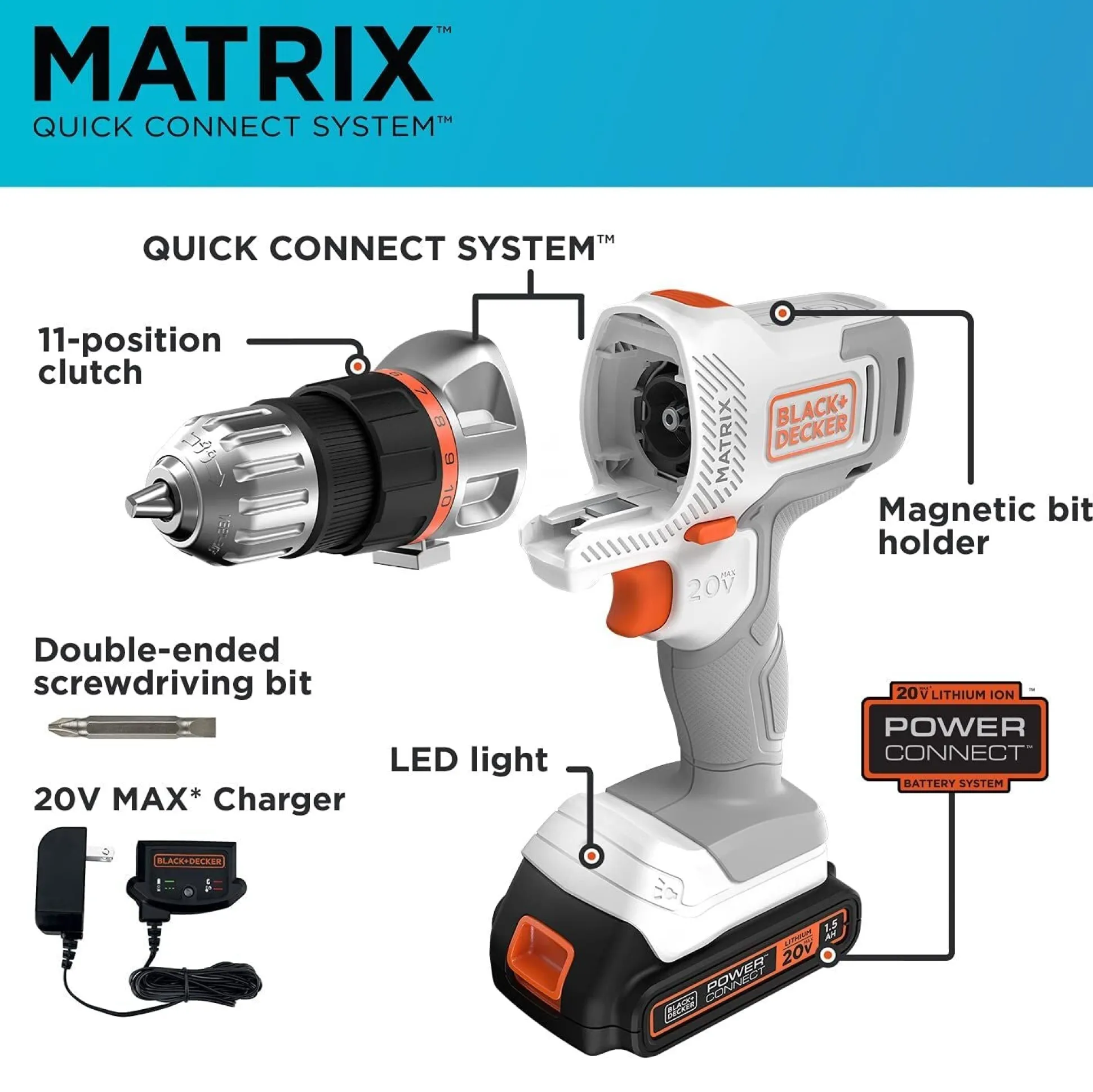 20V MAX *POWERCONNECT™ MATRIX™ Cordless Drill/Driver Kit, Battery and Charger Included (White)